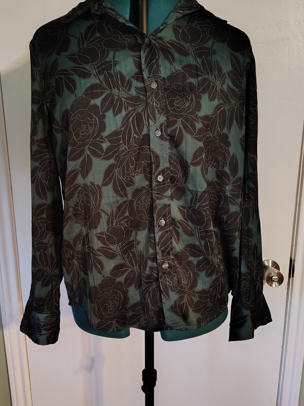GAP Teal and Black Floral Sheer Button-Up Blouse